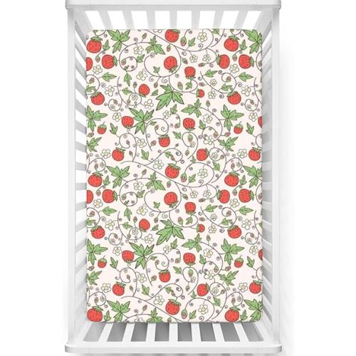 Strawberry Themed Fitted Crib Sheet,Standard Crib Mattress Fitted Sheet Soft & Stretchy Fitted Crib Sheet-Baby Sheet for Boys Girls,28“ x52“,Fern Green Vermilion Rose