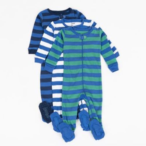 Leveret Boys Cotton Baby Footed Pajamas – 3 Pack – Classic Blue Stripes Sleepers