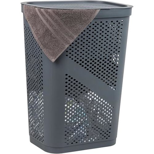 Mind Reader Slim Laundry Hamper with Lid, 60L Clothes Basket, Ventilated Plastic, Gray