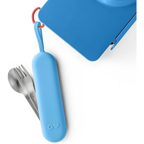 Omie OmieBox Travel Utensil Set | Fork and Spoon with Case for Easy Travel | Stainless Steel Fork and Spoon (Blue)