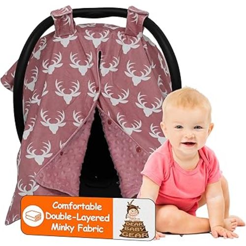Dear Baby Gear Car Seat Cover for Boys & Girls - Baby Carseat Canopy w/Snap Opening - Infant Seat Cover - Stroller & Nursing Covers - Newborn Carrier Canopy - 40x30"(Antlers on Dusty Rose - Pink Dot)