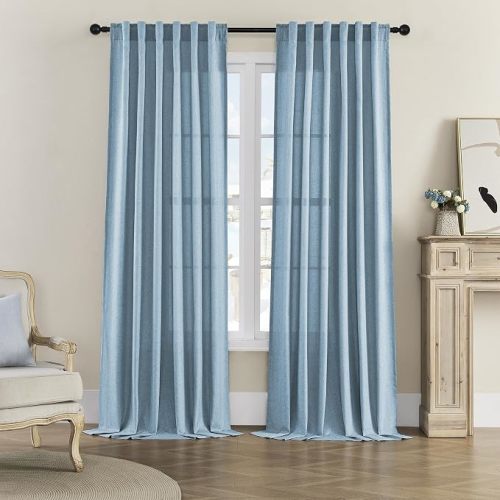 Linen Blend Back Tab Curtains Semi Sheer 50 x 96 Inch Dusty Blue