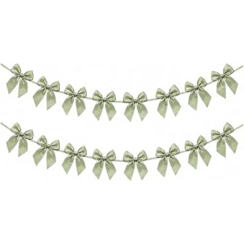 2 Pack Bow Garland Banner, 8.3 ft Pre-Strung Satin Ribbon Bow Decorations for Birthday Party, Baby Shower, Bridal Shower, Bachelorette, Wedding, Coquette Party Decor, Sage Green