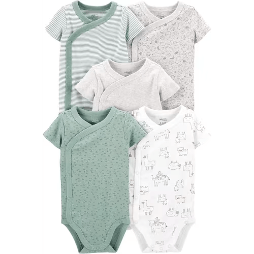 Simple Joys by Carter's Baby 5-Pack Short-Sleeve Bodysuit, Green/Grey Forest Animals/Light Grey Heather/Mint Green Stripe/White Llama, 0-3 Months