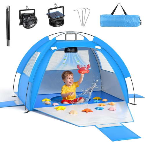 Baby Beach Tent Solar Cooling Fan, Anti-UV Toddler Beach Tent Sun Shelter Portable Travel Fan Beach Shade Tent, Baby Play Tent Built-in Ceiling Fan Sun Shelters Toddler Beach Essentials