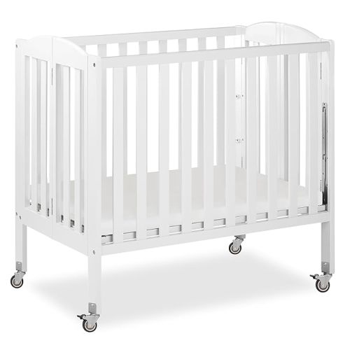 Dream On Me 3-in-1 Portable Folding Stationary Side Mini Baby Crib in White & Mattress, GreenGuard Gold & JPMA, Use as Changer & Playpen, Locking Wheels, 3 Mattress Heights, Extra Firm Mattress