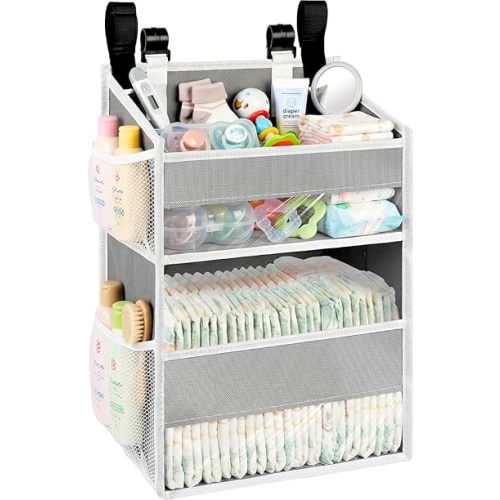Ofiray-home Hanging Diaper Organizer for Changing Table,Cribs,Car,Playard or Wall & Nursery Organization-Durable 2-Tier Diaper Organizer with Mesh Pockets and Viewable Design, Won't Deform, Light Gray