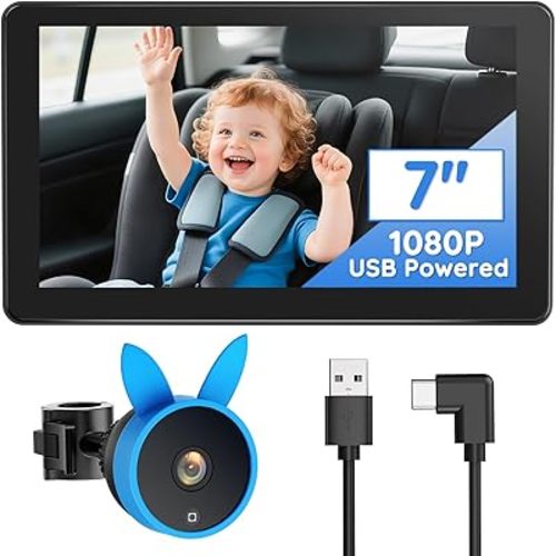 Babyvue BV4 7in Baby Car Monitor, IPS 1080P Large Screen Display with USB Plug & Play Power, AUTO IR Night Vision Car Seat Monitor, Baby Registry for Boys & Pets, Travel Essential