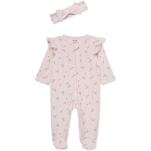 Little Me Baby Girls 100% Cotton Footie and Headband Set, Preemie - 9 Month