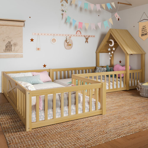 Ophelia & Co. House Floor Bed with Door & Guardrails, Solid Wood Double Montessori Bed for Kids, Playhouse Design | Wayfair