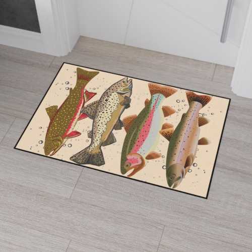 Four Trout Illustration Heavy Duty Floor Mat, Fishing Decor, Rustic Cabin Rug, Fisherman Gift, Fish Lover, Lake House Housewarming