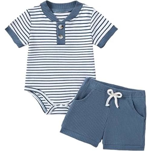 QUEKRE Baby Boy Clothes Short Sleeve Striped Romper Solid Short Set Ribbed Knitted Summer Outfit