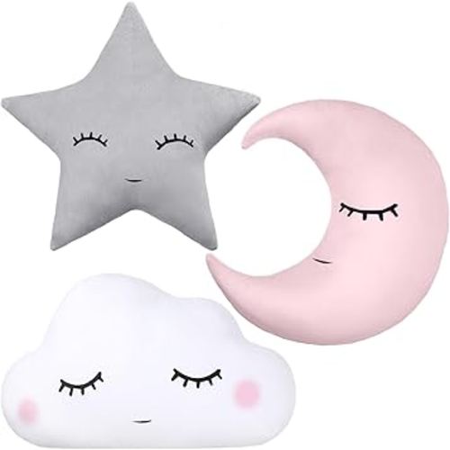 Chunful 3 Pcs Children Moon Star Cloud Cushion Soft Plush Cloud Shaped Pillow Stuffed Stars and Moon Nursery Decor Home Decor for Bedroom Crib Party Supplies (Pink Gray White)