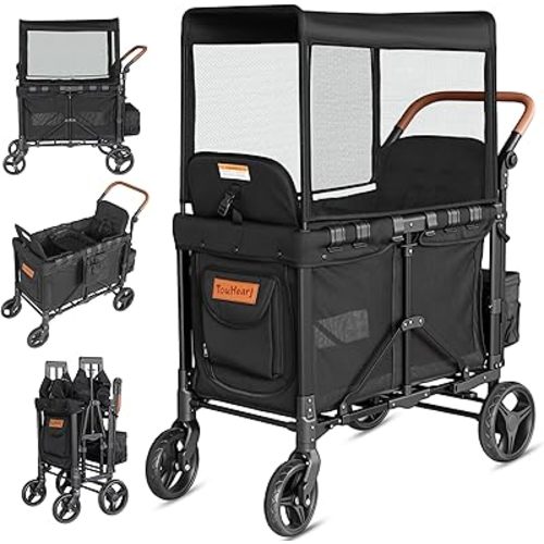 Wagon Stroller for 2 Kids - Double Seater Push Stroller with Canopy | Collapsible Foldable Wagon for Kids Toddlers & Infants with Removable Seat Pads (Black)