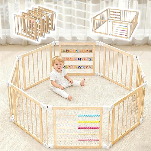 COCO DESIGN Baby Wooden Playpen, 8 Panel Foldable Play Yard for Babies