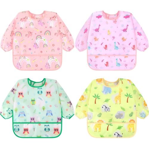 Accmor 4 Pack Long Sleeve Bibs, Baby Smock Waterproof Sleeved Bib Smock for Baby Toddler 6-36 Months
