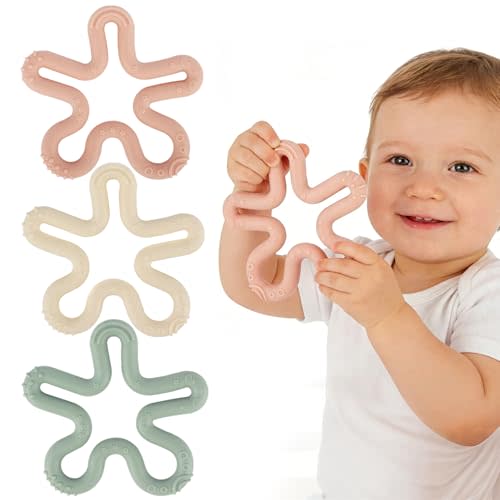 Fu Store 3 Pack Coral Flower Ring Teether Baby Teething Toys Silicone Teether Ring Toys for Babies 0-6 0-12 0-24 0-36 Months Easy to Grasp Clean Infant Teething Relief Soothing Sore Gums