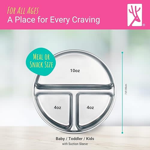 Elk and Friends Stainless Steel Divided Plates with Silicone Sleeve for Babies & Toddlers | Lids Included | Stay Put Suction | Dinner & Snack Plates | 4 Pack
