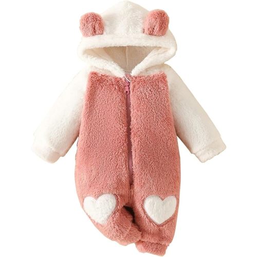 Newborn Baby Boy Girl Cute Bear Ear Warm Fleece Hooded Jumpsuit Romper Snowsuit Winter Zip up Outfit Fluffy Outwear
