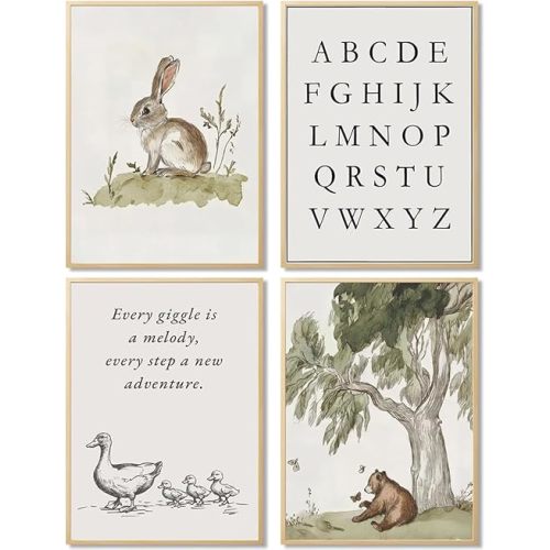 Wall Art Animal Canvas Prints Vintage Rustic Poster Set for Kids’ Room Decor Alphabet Inspirational Quotes Wall Art Neutral Baby Room Painting Unframed 8x10 Inches