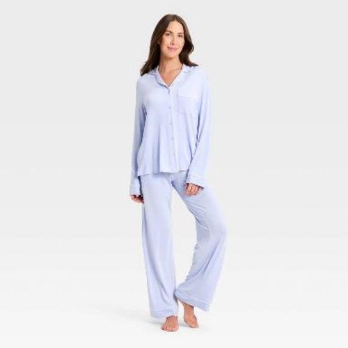 Women's Cloud Knit Long Sleeve Notch Collar Top and Pants Pajama Set - Auden™ Light Blue S