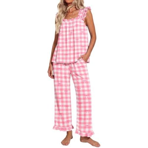 Ekouaer Pajamas for Women Set 2 Piece Ruffle Sleeveless Pj Sleepwear