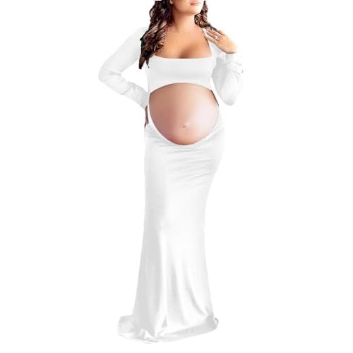 Dedysler Cut Out Maternity Dress for Photos Open Belly Long Sleeve Photography Gown Square Neck Maternity Outfit Dresses