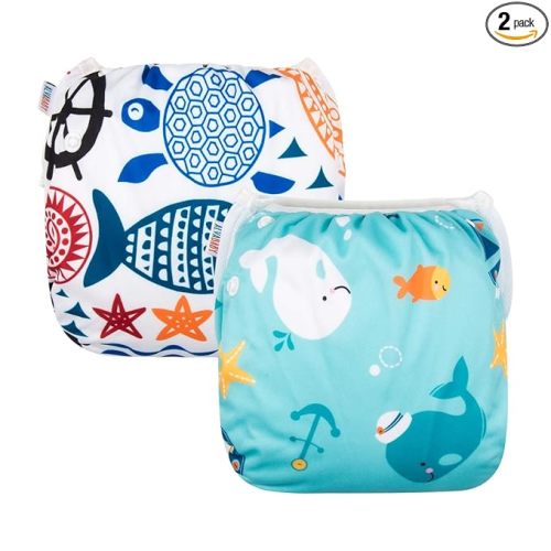 ALVABABY 2pcs Swim Diapers Baby & Toddler Snap One Size Reusable Adjustable Washable Baby Boy Swimming Diaper Cartoon Fish Small