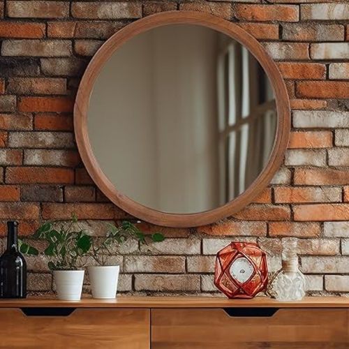 MAGFLERUM 24 Inch Round Wood Circle Mirror - Boho Style Wall Decor for Bedroom, Living Room, Hallway (Brown)