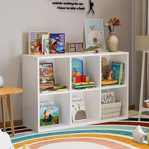 White Bookshelf 6-Cube Storage Organizer | Open Cubby Shelving Unit with Extra Thick Edges - Space-Saving Wooden Shelf for Home Office & Display Storage