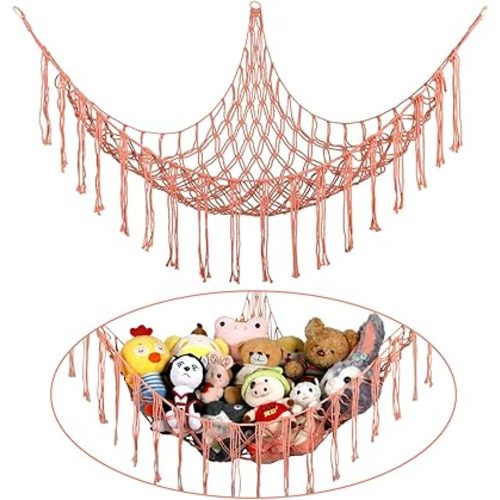 Stuffed Animal Hammock Corner, Hand-knitted Large Plushie Net Toy Hammock with Wooden Rings | Boho Cute Stuff Animal Storage for Nursery & Bedroom | Mesh Kids Toy Organizer Holder Nursery Room Decor