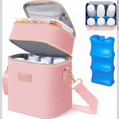 PIIOSER Breastmilk Cooler Bag with Ice Pack Fits 6 Baby Bottles Up to 9 Ounce, Insulated Baby Bottle Tote Bags, Double Layer Waterproof Leak-Proof with Shoulder Strap for Nursing & Working Mom (Pink)