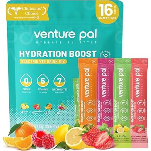 Venture Pal Sugar Free Electrolytes Powder Packets - Liquid Daily IV Hydration Packets | Instantly Hydrating & Party Recovery | 5 Vitamins & 7 Electrolytes | Certified Vegan, Keto, Non-GMO | 16 Sticks