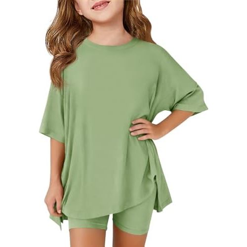 Haloumoning Girls Summer Outfits Casual Lounge Set Kids Oversized Side Split Shirts and Biker Shorts 2 Piece Clothing Sets