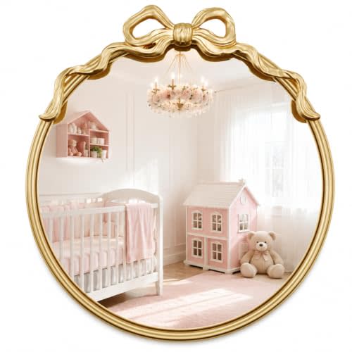 CozyDH Bow Round Wall Mirror - Gold Decorative Vintage Mirror Wall Decor with Metal Frame 21" for Nursery Girl, Entryway, Fireplace, Living Room, Hallway, Bathroom Vanity