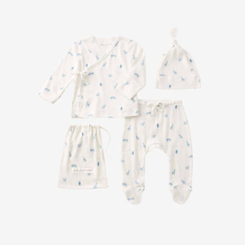 Blue Safari Print Organic Cotton Pointelle Layette 3 Pc Gift Set BLUE / Preemie