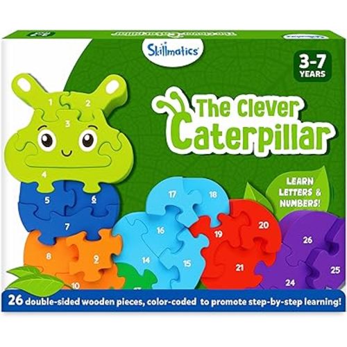 Skillmatics Wooden Puzzle - The Clever Caterpillar, 26 Pieces, 2 Puzzles in 1, Learn Letters & Numbers, Gifts for Boys & Girls Ages 3, 4, 5, 6, 7