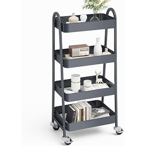OLIXIS 4 Tier Utility Rolling Cart, Metal Mobile Storage Shelf with Lockable Caster Wheels, Organization for Livingroom, Bathroom & Narrow Places, 4-Tier Gray