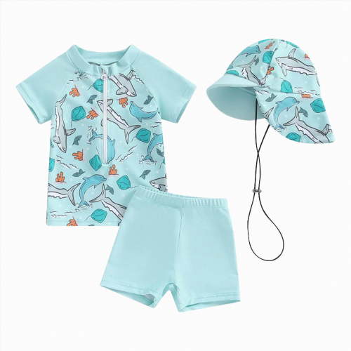 mgoYE Baby Boy Swimsuit 6-9 Months Toddlers Baby Boys' 3-Piece Rashguard Sets Swimsuits Bathing Suit with Hat Surfing Swimwear Sunsuit UPF 50+(Light Blue,0-6 Months)