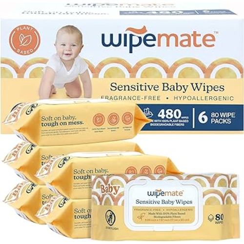 Wipemate EWG-Verified Premium Baby Wipes, 99% Water-Based, Plastic-Free, Ultra-Soft Plant-Based Wipe, Chlorine/Alcohol-Free, pH-Balanced, Hypoallergenic Cruelty-Free with Durable Flip-Top Lid 480-Ct