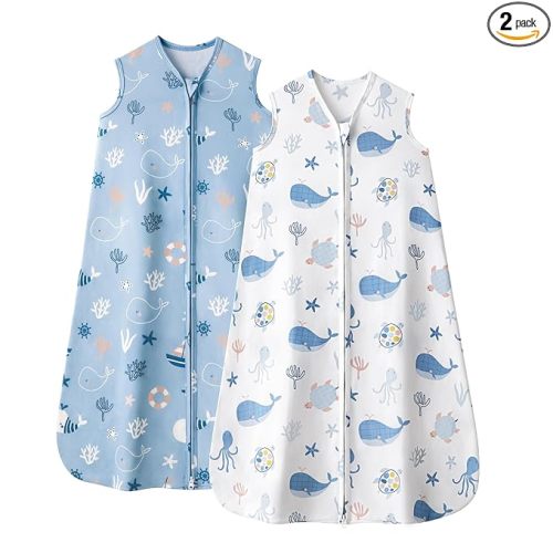 Baby Sleep Sack 0-6 Months, 0.5 TOG Wearable Blanket for Baby Boy and Girl, 2-Way Zipper Newborn and Infant Sleeping Bag 2 Pack, Lightweight Sleep Sacks Blue Whale（Small）