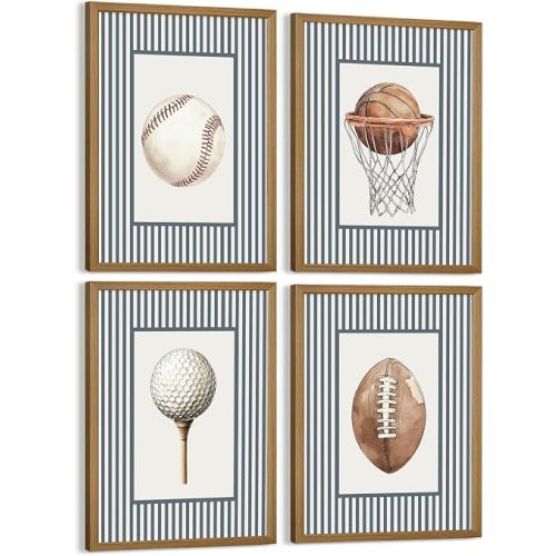 Nursery Sports Wall Art Toddler Boys Room Canvas Wall Decor Vintage Sports Prints Baseball Football Picture Golf Basketball Poster Painting Artwork for Kids Playroom Bedroom 8x10 In Framed Set of 4