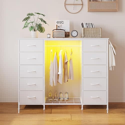 LUMTOK 55"W Dresser with Hanging Rack,10 Fabric drawers & Hooks for Bedroom