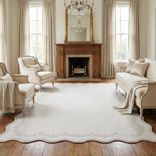 GarveeHome Scalloped Area Rugs 8x10 Large Beige Washable Living Room Rug | Soft Floral Non Slip Backing Floor Mat Carpet Indoor Thin Rug for Bedroom Dining Room Playroom Nursery Home Decor