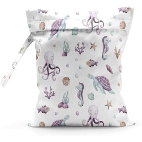 Wet Bag Waterproof Reusable Wet Dry Bag for Beach, Travel, Pool, Gym Bag for Swimsuits, Wet Clothes, Cloth Diapers, Wet Bags for Baby, Ocean Animals Seahorse Turtle Octopus Coral Reef Starfish Decor