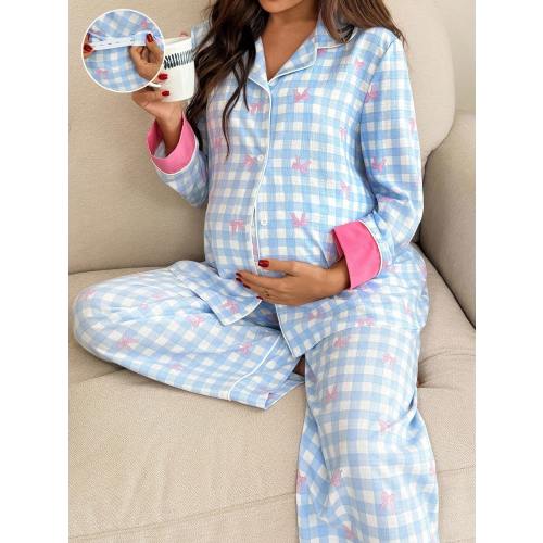 Slowluna 2pcs Maternity Casual Loose Long Sleeve Top And Pants Set,White Winter Plaid Pajamas,Women Bow Print Loungewear,Nightgown Sleepwear Nightwear Pjs Fall