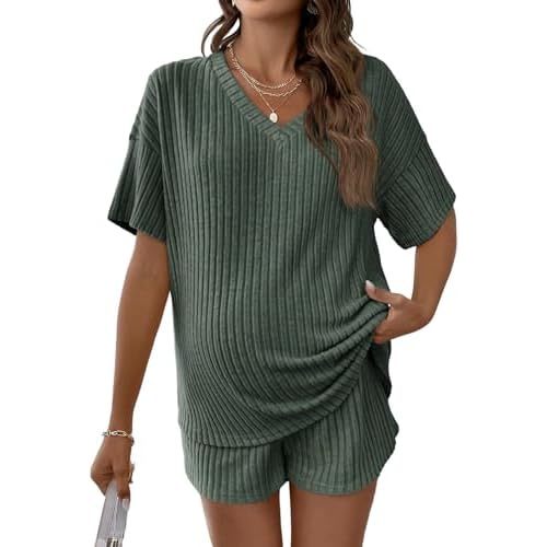 MakeMeChic Women's Maternity 2 Piece Outfits Pajamas Lounge Sets Summer Short Sleeve Rib Knit Tee Top and Short Mama Clothes
