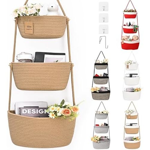 Hanging Storage Baskets, 3-Tier Over the Door Basket, Cotton Wall Baskets Storage, Detachable Hanging Door Basket with 4 Hooks, Over the Door Organizer Nursery for Bedroom, Living Room, Bathroom Wall