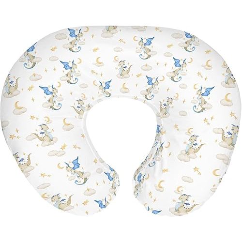 Fantasy Dragon Baby Nursing Pillow Covers for Boy Girl Fairytale Dragons Moon Stars Clouds Trees Nursery Pillowcase for Breastfeeding Pillows Myth Animal Soft Stretchy Slipcover for Newborn Infant