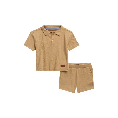 Crinkle Cotton Blend Polo & Shorts Set